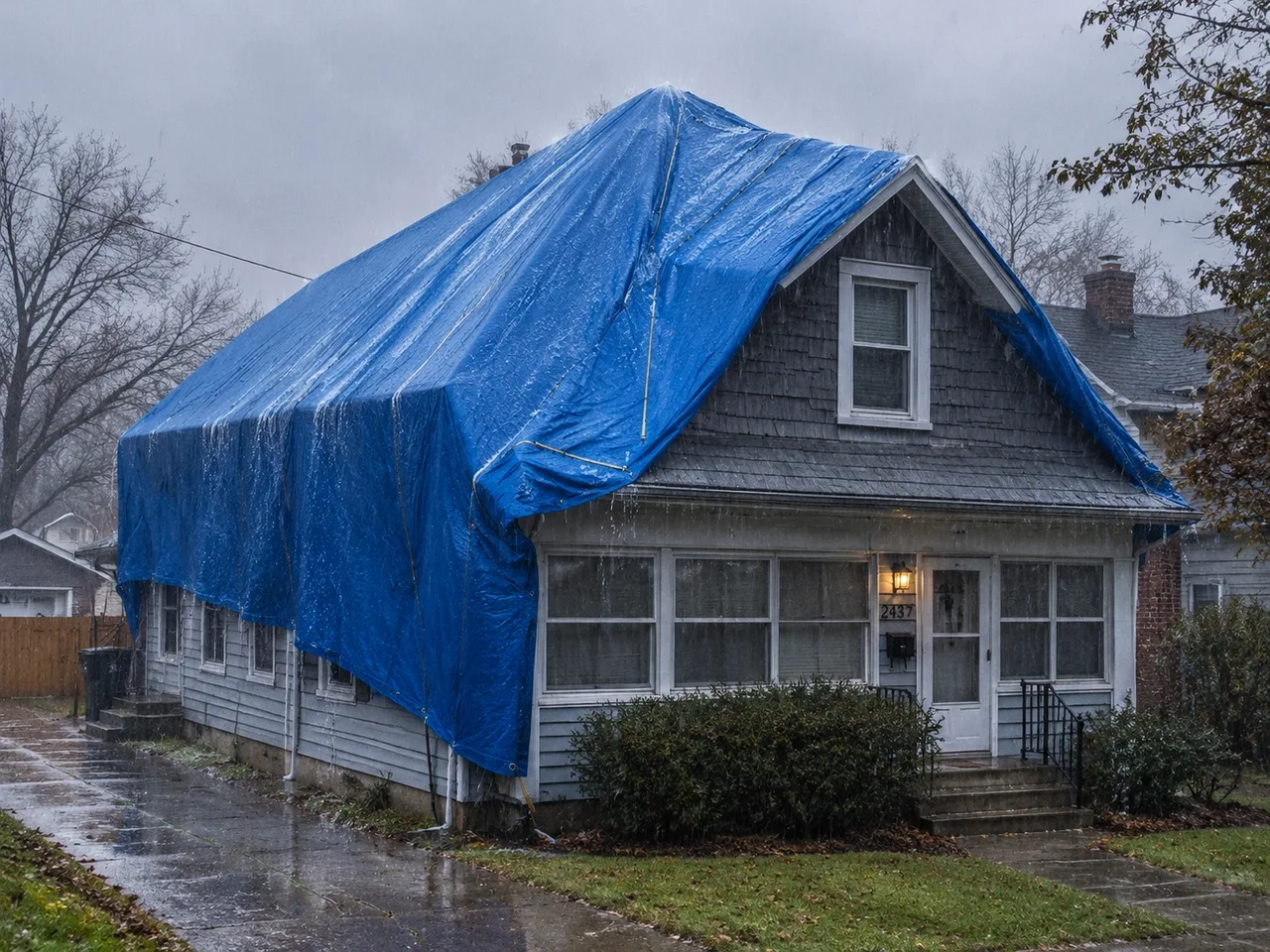 A house fully covered by a blue emergency tarp in the rain